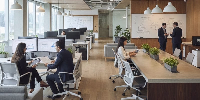 Varios funcionarios trabajando e interactuando en una oficina