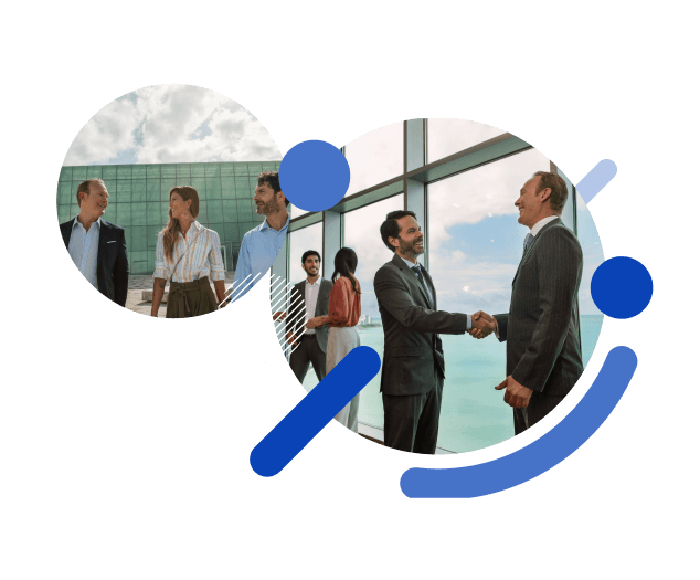 Un imagen compuesta por tres ejecutivos caminando en un espacio abierto y dos ejecutivos estrechando las manos