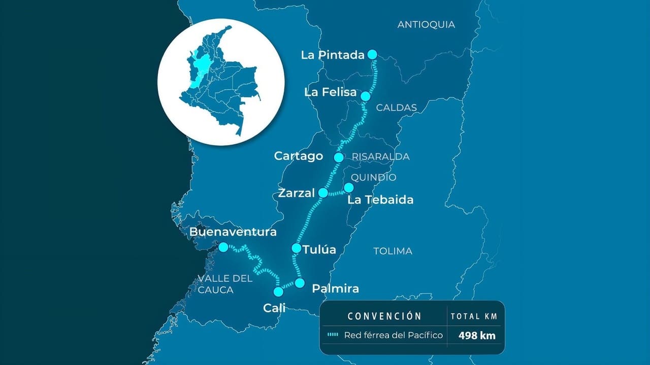  Este mapa muestra el Corredor del Pacífico en Colombia, con la línea ferroviaria que conecta ciudades desde el Valle de